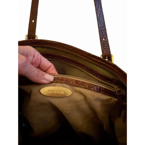 Brahmin Brown Embossed Crocodile Tote Bag with Logo Charm - Picture 4 of 6
